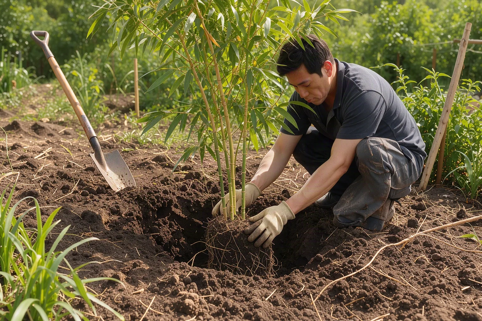 Plantation d'un jeune bambou en pleine terre par un jardinier